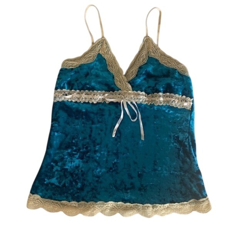 Vintage Y2K Crushed Velvet Lace Trim Cami Festival Fairycore Tank Top XS Blue